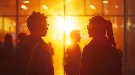 Foto op Plexiglas Two people are standing in front of a window, one of them wearing glasses. The other person is wearing a backpack. The sun is shining through the window, casting a warm glow on the people © Rattanathip