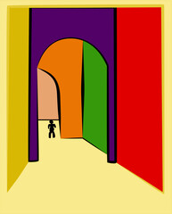 A small stylized figure stands at the entrance to a corridor with alternating colorful walls leading to additional archways. The walls exhibit a sequence of bold colors: purple, orange, green, and red - 779703335