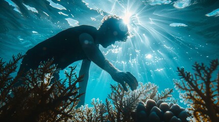A man is in the water, reaching for a coral. The water is blue and the sun is shining brightly