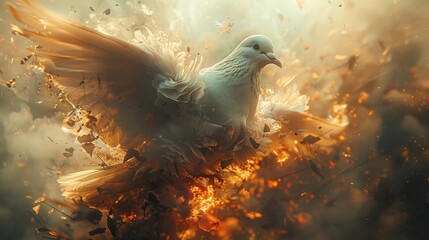 A double exposure of a dove, a symbol of peace, superimposed over a battlefield scene, conveying the hope for a world without war.