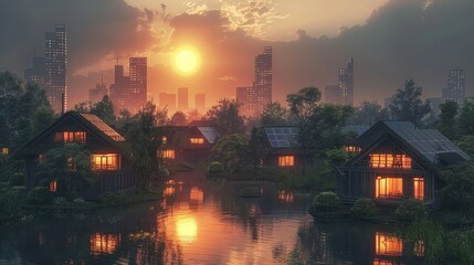 A city with a sunset in the background and houses on the water
