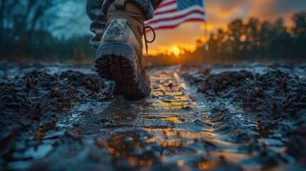 A double exposure of a soldier's footprints fading in the sand superimposed over an image of an American flag, representing the transient nature of life and the enduring symbol of freedom.