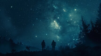 Two people are walking in the woods at night, looking up at the stars. The sky is dark and the stars are shining brightly