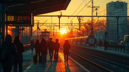A group of people are walking on a train platform at sunset. The sky is orange and the sun is setting
