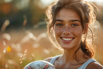 Warm portrait of a smiling young girl with freckles holding a volleyball outdoors in sunlight