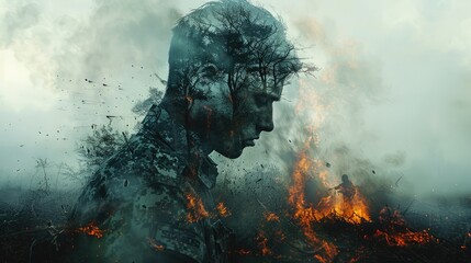 A double exposure of a soldier's letters superimposed over a battlefield scene, capturing the emotional connection between those fighting and those left behind. - obrazy, fototapety, plakaty