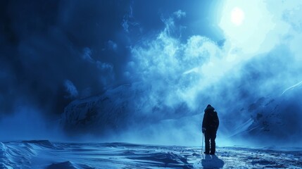 A man is walking on a snowy mountain in the middle of the night. The sky is dark and cloudy, and the sun is barely visible. The man is wearing a backpack and he is lost or searching for something
