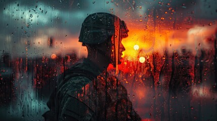 A double exposure of a soldier's shadow cast against a wall superimposed over an image of a sunrise, representing the dawn of a new day and the hope for a brighter future. - obrazy, fototapety, plakaty