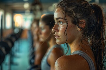 Showcasing a female athlete's profile, deeply focused amidst the indistinct presence of others in a gym environment