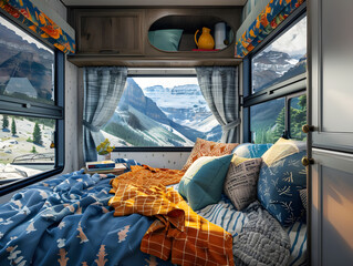 Comfortable room with mountain view and colorful decor - Ai generated