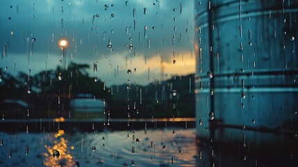 A raindrop falls on a window pane. The rain is falling in a steady rhythm, creating a peaceful atmosphere