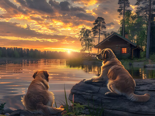 Golden retriever watching sunset peacefully - Ai generated