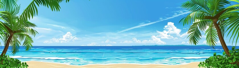 Sunny tropical beach with palm trees sways gently beneath a clear blue sky
