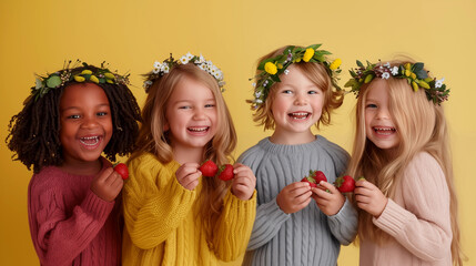 Photo of four mixed-race kids wearing bright knitted sweaters and strawberry wreaths on their heads.