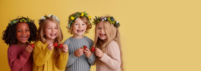 Photo of four mixed-race kids wearing bright knitted sweaters and strawberry wreaths on their heads.