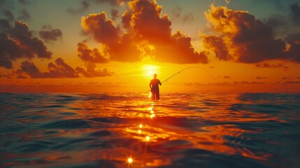 Fototapeta na wymiar A man is fishing in the ocean at sunset. The sky is orange and the water is calm