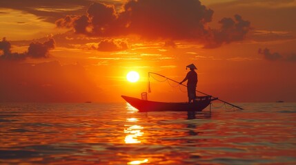 A man is fishing in a boat on a calm ocean at sunset. The sky is orange and the water is calm