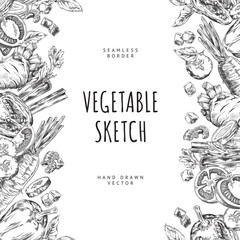 Seamless frame with a place for text with hand-drawn vegetables: tomato, celery and many others