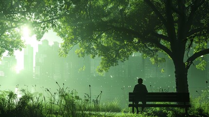 A man sits on a bench in a park with a city in the background. The scene is peaceful and serene, with the man enjoying the quiet and natural surroundings - obrazy, fototapety, plakaty