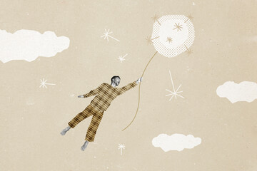 Composite photo collage of amazed man fly blow ball dandelion wear pajamas barefoot sky stars dream...