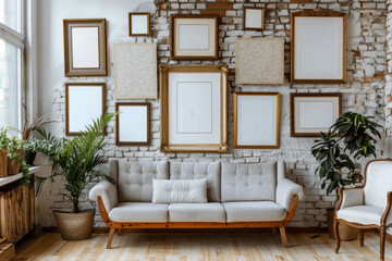 Wall with different frames, mock up minimalist elegant interior design