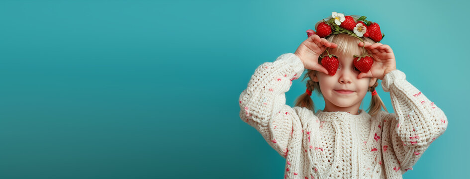Photo of a blonde girl in a knitted sweater, with a strawberry wreath on her head, holding strawberries in her hands and covering her eyes with them.