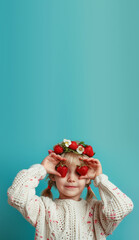 Photo of a blonde girl in a knitted sweater, with a strawberry wreath on her head, holding strawberries in her hands and covering her eyes with them.