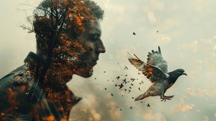 A double exposure of a soldier's tears superimposed over an image of a dove carrying an olive branch, symbo - obrazy, fototapety, plakaty