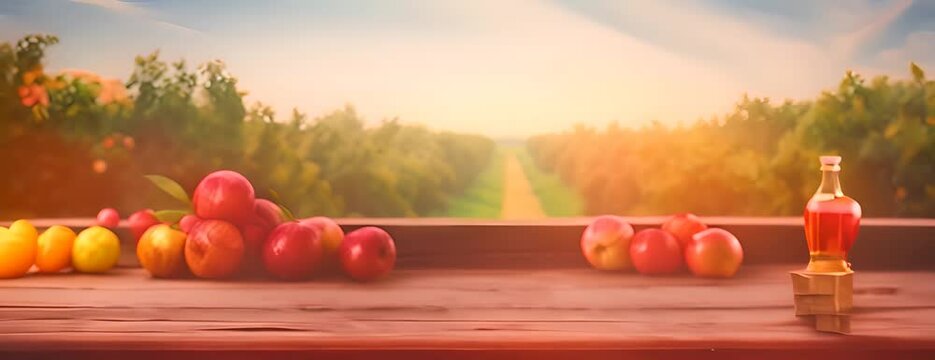 Empty rustic old wooden boards table copy space with apple trees orchard in background. Some ripe red fruits on desk. Product display template. 4K Video