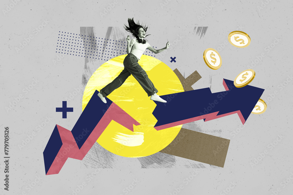 Poster composite collage picture image of running broken arrow female earning money trader fantasy billboar