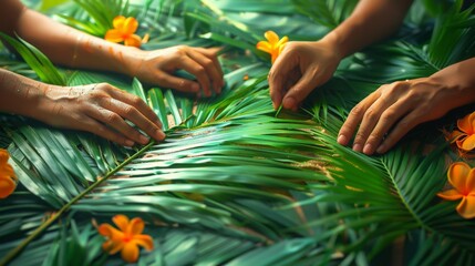  hands making crafts out of palm leaves, a common activity for children on Palm Sunday.