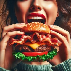 AI generated illustration of a woman holding hamburger, ready to bite