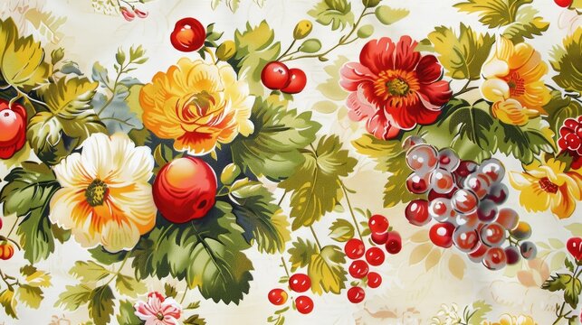 Vibrant Floral Ornate Tablecloth Design with Blooming Flowers and Lush Foliage