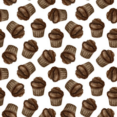Watercolor seamless pattern of Chocolate muffins. Sweet bakery products. Background of Pastry for design of labels, packaging of goods, cards, for bakehouse, bakeshop.
