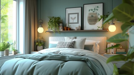 Interior of modern bedroom. Green and white color Gray, dark gray, beige, white pillows on bed with...