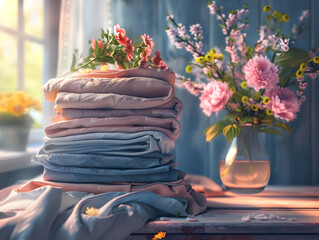 Folded laundry stacked on table with floral decor - Ai generated