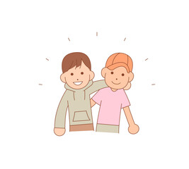 two boys are putting arms around each other's shoulders with smile on their faces. cartoon style illustration