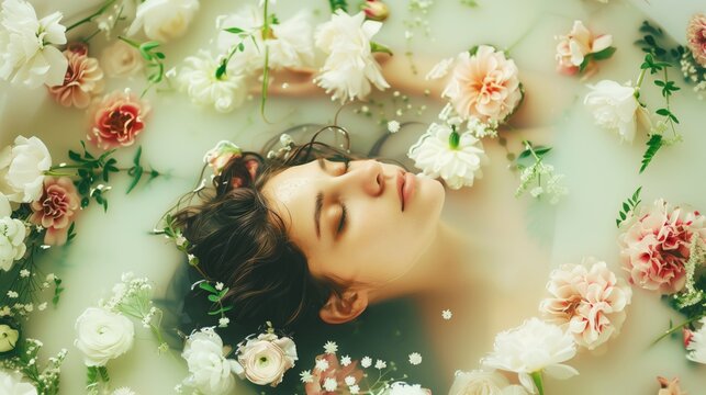 A serene image of a person relaxing in water surrounded by colorful flowers.