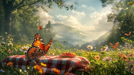 Butterfly fluttering above picnic blanket in lush idyllic meadow