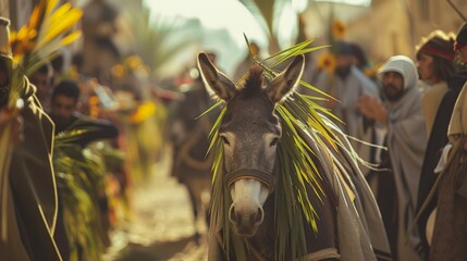 An image focusing on the various symbols associated with Palm Sunday, such as the donkey, palm branches, and cloaks