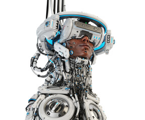 Android Augmented: Cyborg Figure with Synthetic Epidermis, Visor, and Futuristic Halo Linked by Cables, Illuminated by Electric Blue LEDs - obrazy, fototapety, plakaty