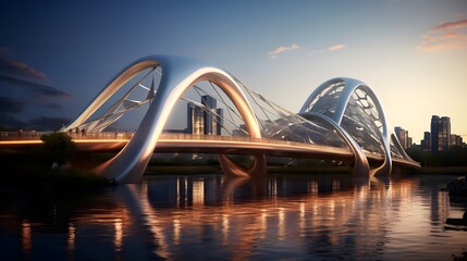 Futuristic Bridge Design Water Reflection Cityscape Dusk