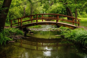 Fototapeta na wymiar wooden bridge over a river in green woods