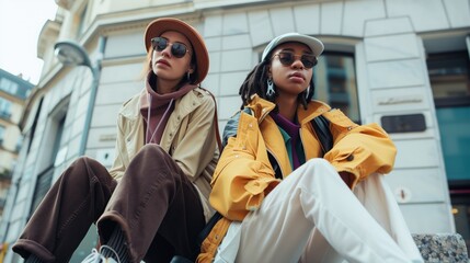 Two fashionable individuals sitting outdoors with a stylish urban vibe. - obrazy, fototapety, plakaty