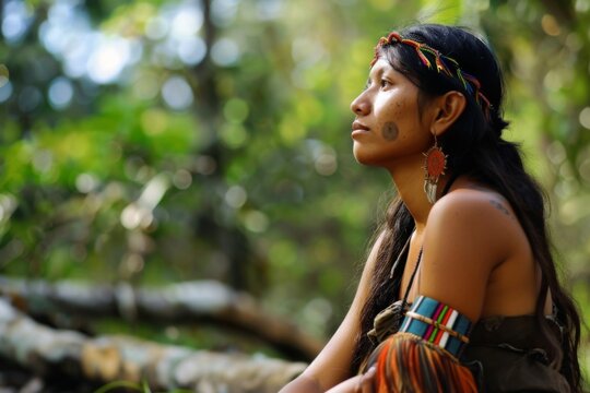 Portrait of an indigenous woman in traditional clothing in the jungle
