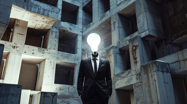 An artistic image of a person with a light bulb for a head in a building shell.