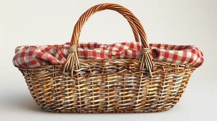 Fototapeta na wymiar Woven Wicker Picnic Basket with Plaid Lining and Sturdy Handle for Alfresco Dining and Outdoor Excursions