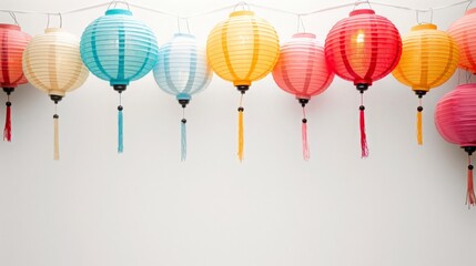 Colorful lanterns hanging at the top. Clear space at the bottom for text.