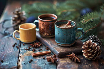 Three mugs, spices, pine cones, and greenery create a cozy, festive atmosphere, evoking warmth and holiday spirit