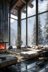 modern living room with cozy furniture overlooking a snowy, forested mountain landscape through large windows; a fireplace warms the space